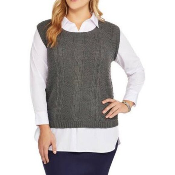 Faded Glory Gray Plus Twofer Sweater with Built-In Collared Shirt SZ L (12-14) - Picture 1 of 8